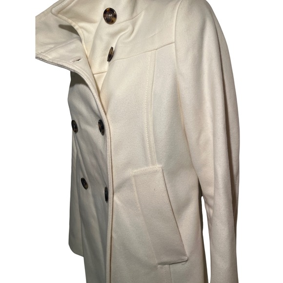 Cream Double Breasted Peacoat Hi Neck Button Up Warm Winter Coat wool blend SZ M - Picture 3 of 10
